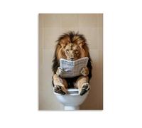 LXPPLSYY Poster decorativo da parete con leone seduto su un WC che legge il giornale del mattino, sfondo beige minimalista, decorazione artistica da appendere, 50 x 75 cm