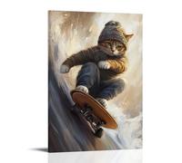 LXPPLSYY Un gatto in un berretto cavalca un longboard giù per una ripida collina, vento increspando la sua pelliccia, occhi ristretti a fuoco. Decorazione artistica da parete moderna da appendere
