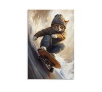 LXPPLSYY Un gatto in un berretto cavalca un longboard giù per una ripida collina, vento increspando la sua pelliccia, occhi ristretti a fuoco. Decorazione artistica da parete moderna da appendere, 30