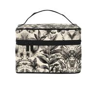 LXqlSS Beauty case con motivo botanico con erbe floreali, borsa da viaggio portatile da donna, organizer per trucchi con cerniera in pelle PU lavabile impermeabile, nero, taglia unica, Nero , Taglia