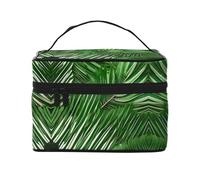 LXqlSS Beauty case da viaggio portatile con foglie di palma verde lussureggiante per donne, organizer per trucchi con cerniera in pelle PU lavabile impermeabile, nero, taglia unica, Nero , Taglia