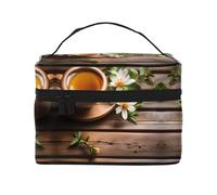 LXqlSS Beauty case portatile da viaggio con fiore di tè su tavola di legno da donna, organizer per trucchi con cerniera in pelle PU lavabile impermeabile, nero, taglia unica, Nero , Taglia unica