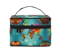 LXqlSS Beauty case portatile da viaggio con mappa del mondo, borsa cosmetica da donna, organizer per trucchi con cerniera in pelle PU lavabile impermeabile, nero, taglia unica, Nero , Taglia unica