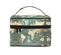 LXqlSS Borsa per trucchi retrò con mappa del mondo, borsa da viaggio portatile per donne, organizer per trucchi con cerniera in pelle PU lavabile impermeabile, nero, taglia unica, Nero , Taglia unica