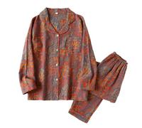 LXSNZARUY Pigiama puro floreale colorato con scollo a foglia di ginkgo, set di abbigliamento da casa con risvolto a foglia vintage, accogliente cappotto per la casa in puro cotone, Grigio con motivo a