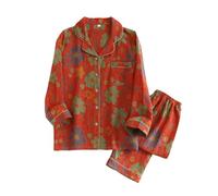 LXSNZARUY Pigiama puro floreale colorato con scollo a foglia di ginkgo, set di abbigliamento da casa con risvolto a foglia vintage, accogliente cappotto per la casa in puro cotone, Rosso con motivo