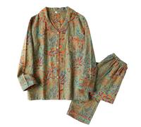 LXSNZARUY Pigiama puro floreale colorato con scollo a foglia di ginkgo, set di abbigliamento da casa con risvolto a foglia vintage, accogliente cappotto per la casa in puro cotone, Verde con motivo a