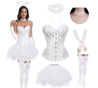LXWINNER Costume da angelo e diavolo,corsetto gotico e gonna di tulle,costume da diavolessa con aureola,calze di pizzo,collane di pizzo e guanti,Halloween per festa di carnevale cosplay (Bianco, L)