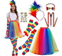 LXWINNER Gonna a tutù Arcobaleno da Donna, Tutu Arcobaleno Capelli con Piume, Accessori da Donna Abbigliamento Neon Anni '80 Set, Gonna Tulle Donna per Festival,Carnevali,Gay Pride Vintage