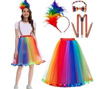 LXWINNER Gonna a tutù Arcobaleno da Donna, Tutu Arcobaleno Capelli con Piume Arcobaleno, Accessori da Donna Abbigliamento Neon Anni '80 Set, Gonna Tulle Donna per Festival,Carnevali,Gay Pride Vintage
