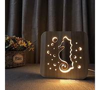LXYAYY Luce Notturna, Lampada Creativa in Legno Cavalluccio Marino 3D, Lampada da Comodino a LED Bianco Caldo, Lampada Decorativa per Bambini Alimentazione USB