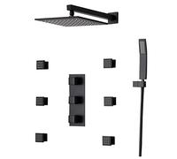 LXYST Brass Matte Black Wall Mounted Rain System Function Combo with 6 PCS Body Spray Jets Bathroom Luxury Shower Set,12 inch