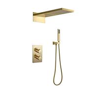 LXYST Faucet Brushed Gold, Waterfall Rainfall Head with Handheld Wall Mounted Thermostatic System, Rain Mixer Shower Set
