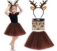 LXYYDS 3 Pezzi Costume Cosplay di Cervo, Costume Animale Orecchie di Cervo Fascia Tatuaggio Viso Cervo Gonna Tutu, Renna Fascia Di Corno Gonna Tutù Di Cosplay, per Bambino Fancy Dress Halloween