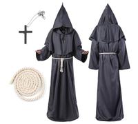 LXYYDS Costume da monaco, Costume da Monaco Medievale, Abito da Mago per Adulto, Nero Abito Talare Costume, con Collana a Croce & Corda in Vita, per feste Carnevale Cosplay, Halloween (L)