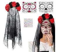 LXYYDS Fascia per il Giorno dei Morti, Cerchietto Halloween, 2 Tatuaggi Viso, 1 Adesivi in Strass, per Carnevale Mascherina Cosplay Festa