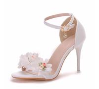 LYAHVGU Scarpe da Sposa da Donna, Sandali con Tacco Alto a Spillo con Cinturino alla Caviglia Eleganti Fiori in Chiffon da 9 cm, Sandali con Pompa per Abiti da Sera per la Festa Nuziale da Sposa