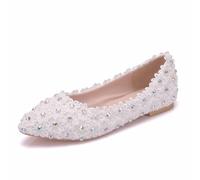 LYAHVGU Scarpe da Sposa da Donna, Strass Floreali in Pizzo Bianco Scarpe a Punta comode Ballerine, Abito da Sera per Festa di Matrimonio Scarpe da Principessa da Sposa Taglie Forti, 42 EU,White