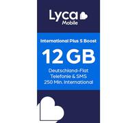 Lycamobile International Plus - Scheda SIM prepagata S Boost senza contratto, con volume di dati da 12 GB