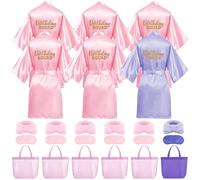 LYCN Set di 6 accappatoi per feste di compleanno per ragazze, con borse tote, fasce per capelli, maschere termali, kimono in raso, principessa, pigiameria per addio al nubilato, forniture per feste