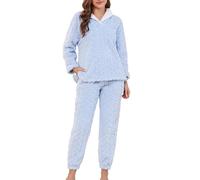 LYCY Morbido pigiama da donna in pile, set da notte invernale, Azzurro, XL