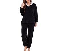 LYCY Morbido pigiama da donna in pile, set da notte invernale, Nero , XL