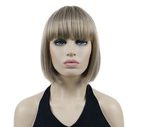 Lydell Parrucca sintetica liscia da 20,3 cm, capelli corti a caschetto con frangia piatta, con puntini centrali, resistente al calore, parrucca sintetica (H16/613 biondo evidenziato)