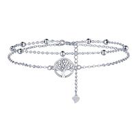 Lydreewam Albero della Vita Cavigliera Doppia per Donna Argento Sterling 925 Cavigliera Bracciale con Perline Estate Spiaggia Catena Piedi, Regolabile 22+4cm
