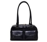LYEAA Borse a tracolla retrò Doppia tasca PU pelle borse a tracolla moda solido Top-handle borse casual cerniera portatile signore borse, Nero, 380x310x150mm/14.96x12.2x5.91inch
