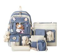 LYEAA Set combinato zaino da scuola in tela 5 pezzi, zaini da scuola Kawaii for studenti delle ragazze, Blu