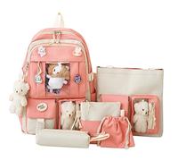 LYEAA Set di 5 zaini for la scuola in tela, zaini scolastici Kawaii for ragazze e studenti, rosa, 43x30x13cm