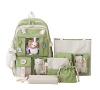 LYEAA Set di 5 zaini for la scuola in tela, zaini scolastici Kawaii for ragazze e studenti, Verde, 43x30x13cm