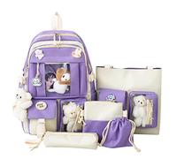LYEAA Set di 5 zaini for la scuola in tela, zaini scolastici Kawaii for ragazze e studenti, Viola, 43 x 30 x 13cm, 100%