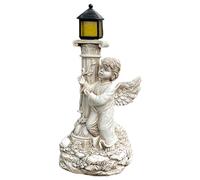 LYEAA Statua da giardino a forma di angioletto Roma a pilastro, angelo in resina, con luci solari, decorazione per giardino, veranda, cortile (a destra)
