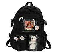 LYEAA Zaino Kawaii con spille e ciondolo animale di peluche, for donne e ragazze, stile preppy, in PVC, stile patchwork, trasparente, zaino for la scuola, grande capacità, Stile D, nero, 40 x 30 x 11