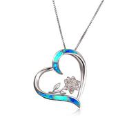 LYFHJD Boho Female Blue White Fire Opal Necklace Carino Big Flower Heart Pendants Necklaces Silver Color Necklaces For Women