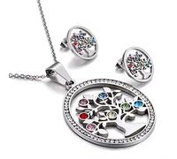 LYFHJD Colorful Crystal Tree of Life Stainless Steel Gold Silver Color Christmas Jewelry Earrings Necklace Set For Women Girl Choker Party