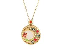 LYFHJD Natural Jade Round Enamel Flower Necklace Pendant Ancient Gold Craft Vintage Retro Cheongsam Jewelry Accessories