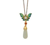 LYFHJD Pearl Butterfly Necklaces Silver Inlaid Natural Jade Chain Pendant Retro Jewelry For Girlfriend