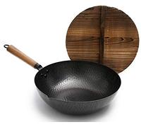 LYFHJD - Pentole tradizionali in ferro martellato a mano con padella in ghisa pre-stagionata in legno con coperchio in abete cinese Padella nera