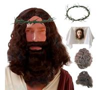 LYFOOHEART Parrucca e barba 3 in 1, corona di spine, velo di Veronica per cosplay, per giochi di passione e giochi in chiesa, colore nero