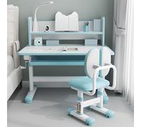 LYHOE - Set da scrivania e sedia, scrivania regolabile con sedia, tavolo da studio ergonomico con piano inclinabile, luce LED, cassetto e supporto per libri (blu)