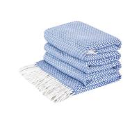 LYHome Coperta in Cotone con Frange. Plaid in Cotone per Divano, Letto, Poltrona, Salotto, Camera da Letto, Decorazione e Come Regalo. Plaid Spesso, Morbido (140 cm x 200 cm/Blu Brillante e Bianco)