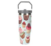 LYHVSFJW Borraccia termica in acciaio inox con cannuccia, da 880,5 g, motivo cupcake, tazza da viaggio sottovuoto a prova di perdite, tazza con cannuccia a doppia parete, riutilizzabile, per casa