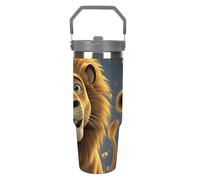 LYHVSFJW Borraccia termica in acciaio inox con cannuccia, da 880,5 ml, con simpatico leone in stile cartone animato, tazza da viaggio sottovuoto, a prova di perdite, a doppia parete, riutilizzabile