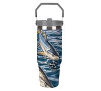 LYHVSFJW Borraccia termica in acciaio inox con cannuccia, da 890 ml, con due grandi pesci nell'acqua, tazza da viaggio sottovuoto, a prova di perdite, a doppia parete, riutilizzabile, per casa