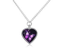 LYHVSFJW Collana con urna viola a forma di farfalla per ceneri a forma di cuore, collana per cremazione, cani e gatti, ciondolo per animali domestici