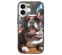 LYHVSFJW Custodia per telefono con bulldog francese che indossa occhiali da sole, compatibile con iPhone 16/Pro, custodia protettiva antiurto sottile in vetro nero