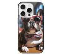 LYHVSFJW Custodia per telefono con bulldog francese che indossa occhiali da sole, compatibile con iPhone 16/Pro, custodia protettiva antiurto sottile in vetro nero