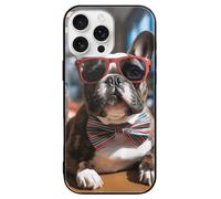LYHVSFJW Custodia per telefono con bulldog francese che indossa occhiali da sole, compatibile con iPhone 16/Pro, custodia protettiva antiurto sottile in vetro nero